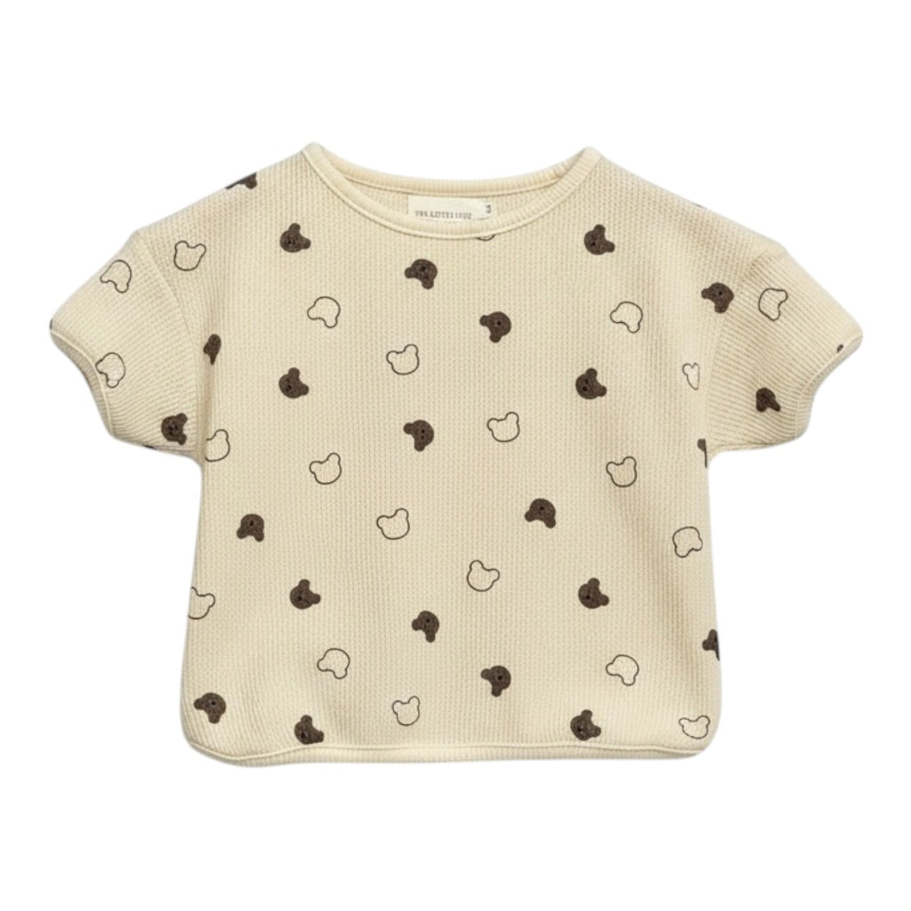 Beige Waffle Teddy Print Top & Shorts Set