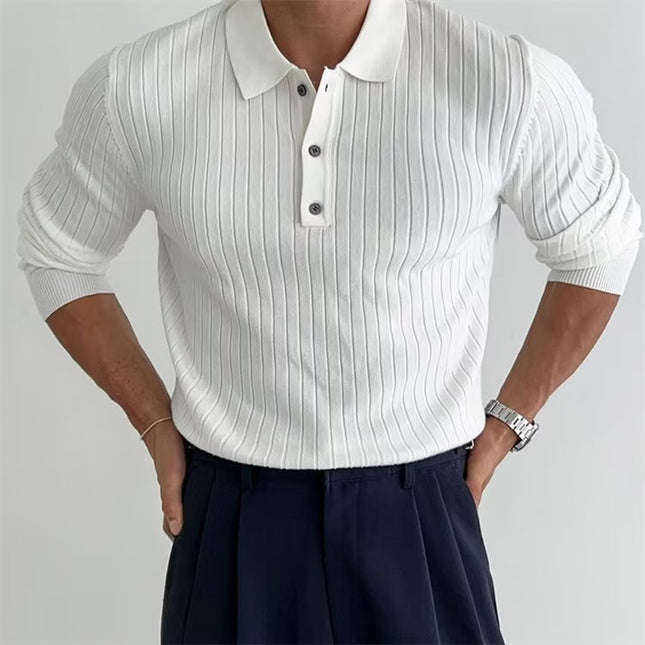 Lapel Button Long Sleeve Polo Shirt Slim Fashion Solid Striped Knitted Bottoming Shirt Top Men's Clothing - 𝓢𝓱𝓸𝓹𝓵𝓮𝓬𝔂
