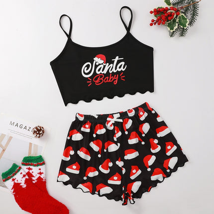 Christmas European And American Thin Pajamas Women's Sleeveless Shorts Milk Silk Simple Casual Two-piece Suit Homewear - 𝓢𝓱𝓸𝓹𝓵𝓮𝓬𝔂