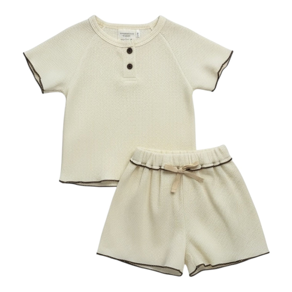 Cream Waffle Ruffle Edge Top & Shorts Set