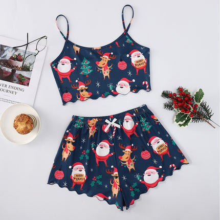 Christmas European And American Thin Pajamas Women's Sleeveless Shorts Milk Silk Simple Casual Two-piece Suit Homewear - 𝓢𝓱𝓸𝓹𝓵𝓮𝓬𝔂