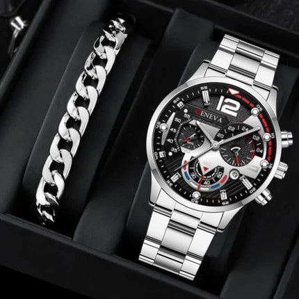 2pcs Men's New Popular Steel Strip Fashion Business Three Eye Quartz Watch Bracelet Set Valentine's Day Gifts - 𝓢𝓱𝓸𝓹𝓵𝓮𝓬𝔂
