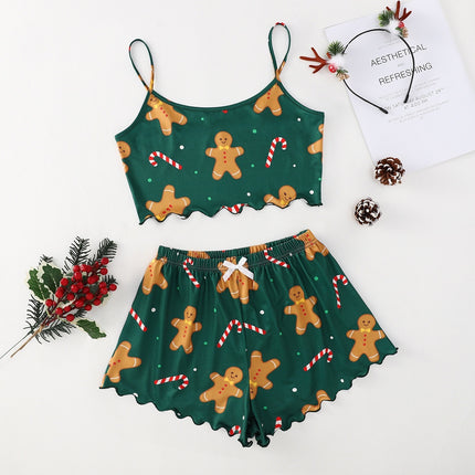 Christmas European And American Thin Pajamas Women's Sleeveless Shorts Milk Silk Simple Casual Two-piece Suit Homewear - 𝓢𝓱𝓸𝓹𝓵𝓮𝓬𝔂