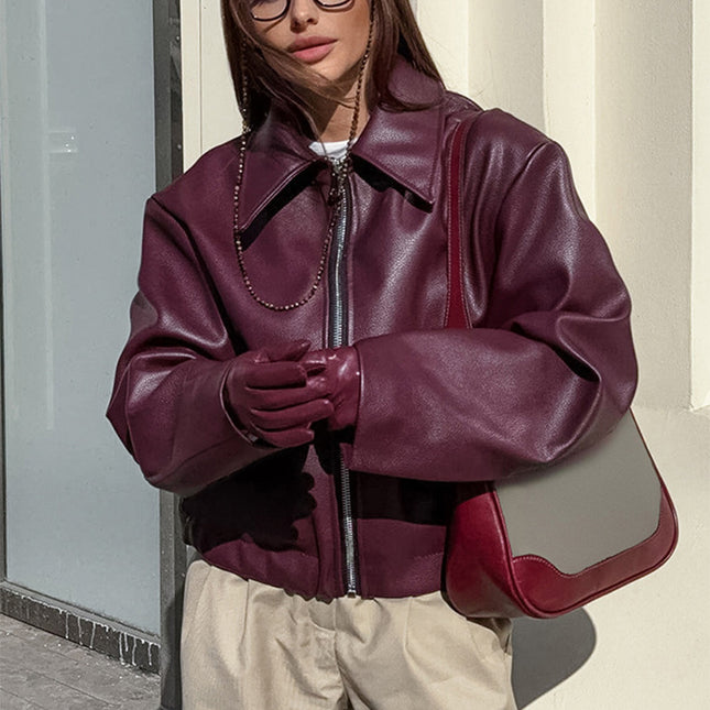 Solid Color Lapel Zipper Jacket Fashion Casual Long Sleeve Leather Coat Tops Women Clothing - 𝓢𝓱𝓸𝓹𝓵𝓮𝓬𝔂