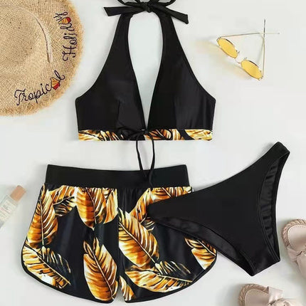 3pcs Leaf Print Bikini With Shorts Fashion Summer Beach Swimsuit Womens Clothing - 𝓢𝓱𝓸𝓹𝓵𝓮𝓬𝔂