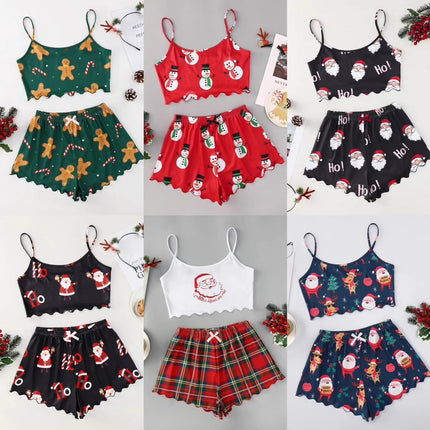 Christmas European And American Thin Pajamas Women's Sleeveless Shorts Milk Silk Simple Casual Two-piece Suit Homewear - 𝓢𝓱𝓸𝓹𝓵𝓮𝓬𝔂