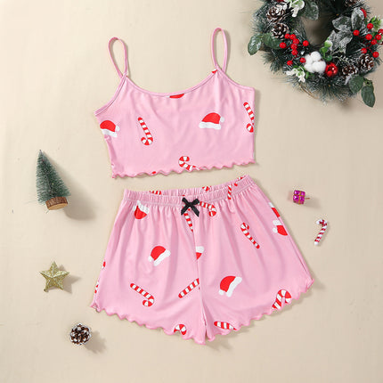 Christmas European And American Thin Pajamas Women's Sleeveless Shorts Milk Silk Simple Casual Two-piece Suit Homewear - 𝓢𝓱𝓸𝓹𝓵𝓮𝓬𝔂