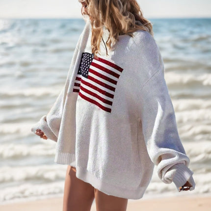 Usa Flag Design Drop Shoulder Sweater,Long Sleeve Tops - 𝓢𝓱𝓸𝓹𝓵𝓮𝓬𝔂