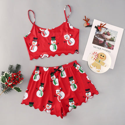 Christmas European And American Thin Pajamas Women's Sleeveless Shorts Milk Silk Simple Casual Two-piece Suit Homewear - 𝓢𝓱𝓸𝓹𝓵𝓮𝓬𝔂