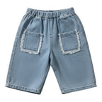 Lightweight Washed Denim Trousers with Frayed Pocket Detail