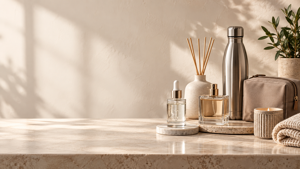 Shoplecy everyday goods still life with skincare, fragrance, home fragrance and reusable accessories