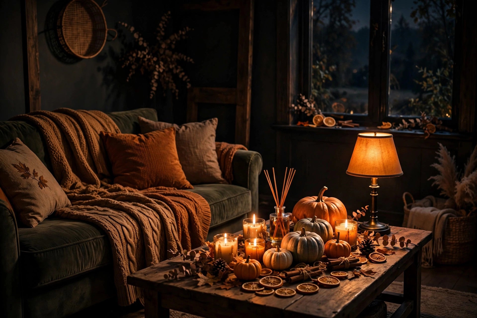 Cosy Halloween living room with candles and pumpkins
