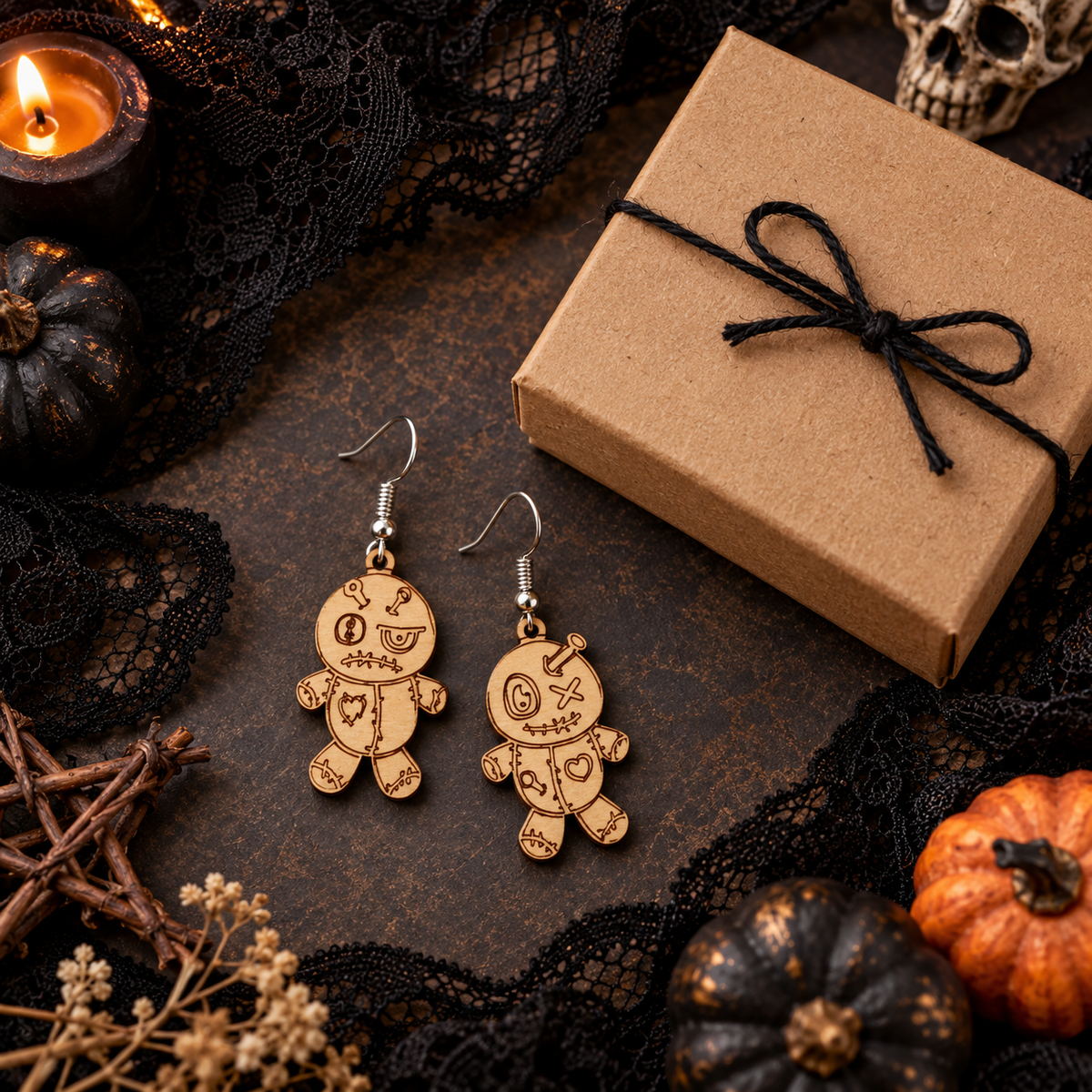 Voodoo Doll Wooden Halloween Earrings | Laser Cut