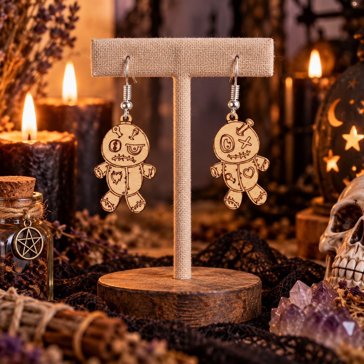 Voodoo Doll Wooden Halloween Earrings | Laser Cut