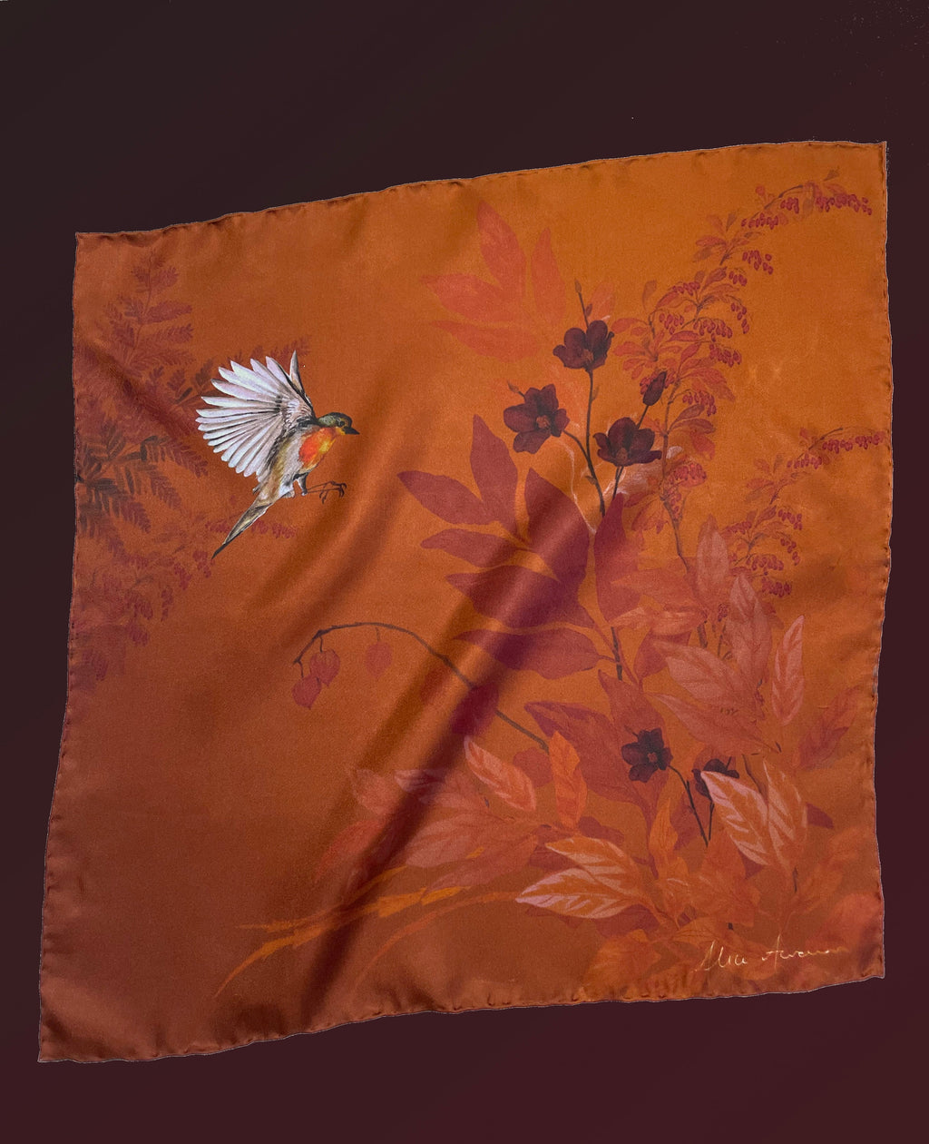 Rust floral Silk Pocket Square and Bow tie in 'Ember' robin print