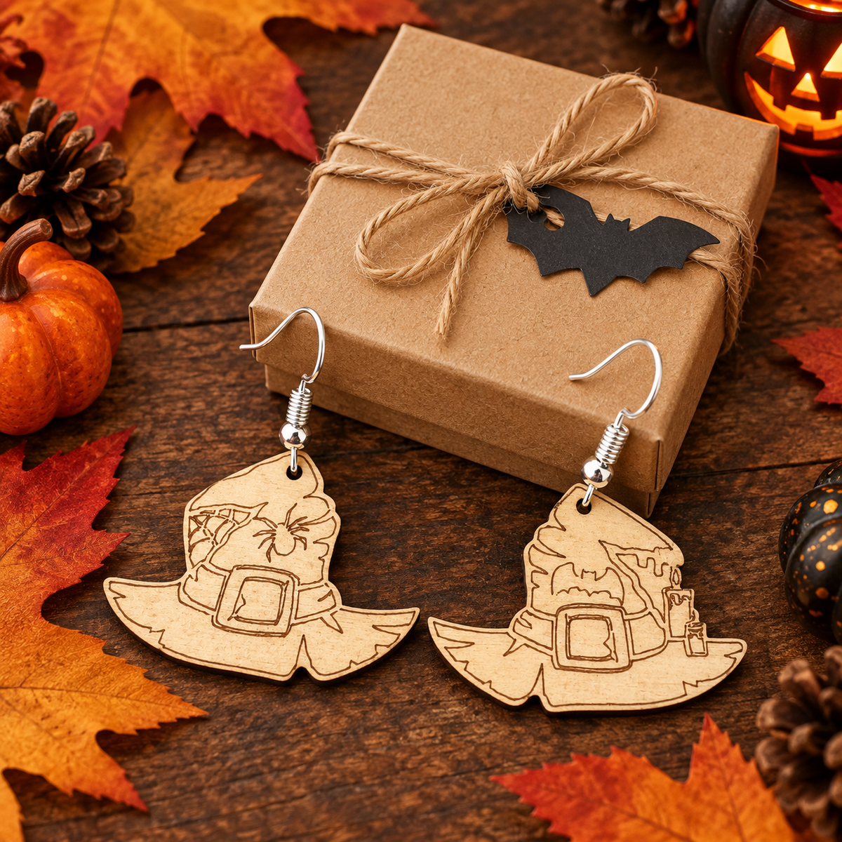 Witch Hat Wooden Halloween Earrings | Spider & Bat