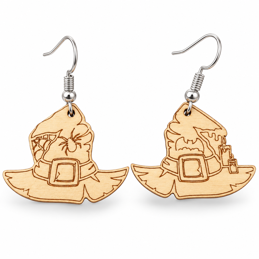Witch Hat Wooden Halloween Earrings | Spider & Bat