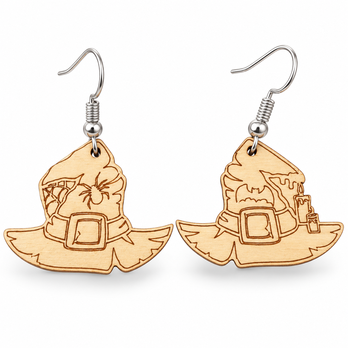 Witch Hat Wooden Halloween Earrings | Spider & Bat