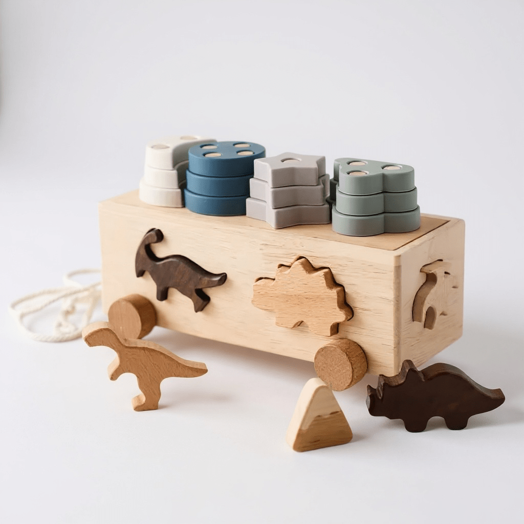 Wooden Dinosaur Sorting Box Pull Toy