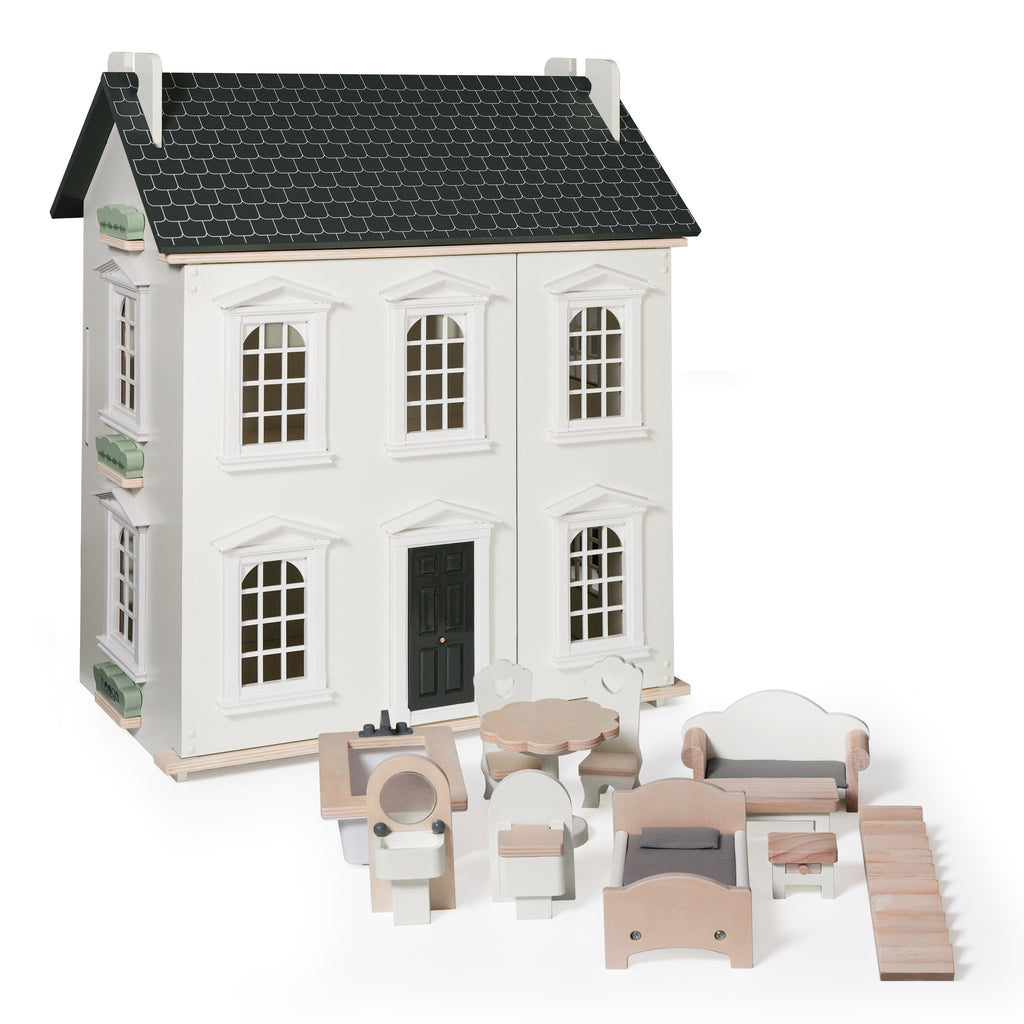 Noble Wooden Dollhouse with 11-Piece Furniture Set