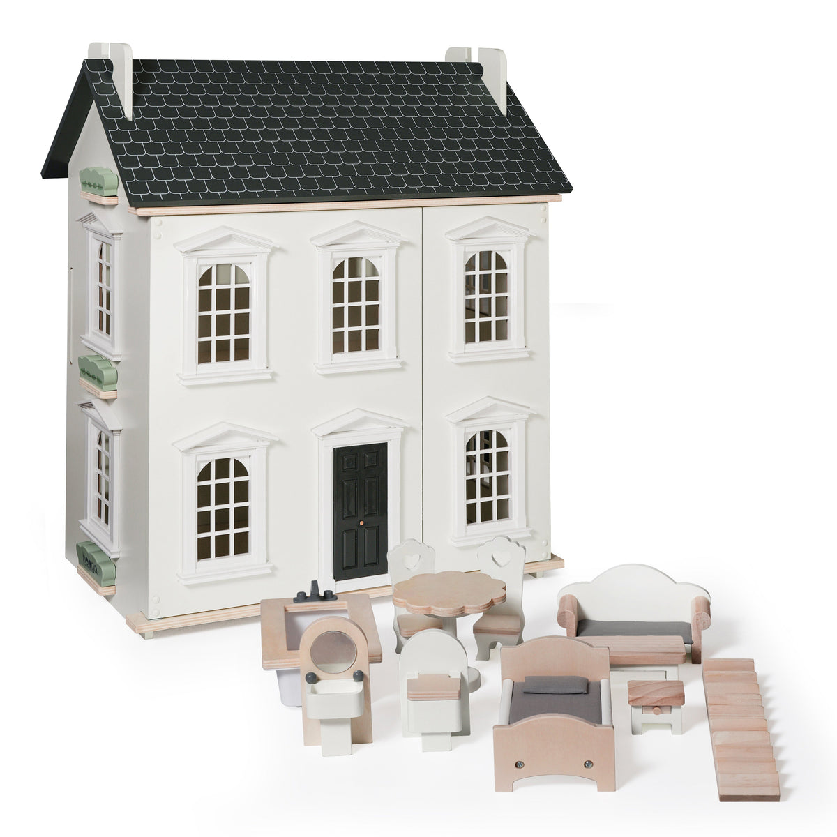 Noble Wooden Dollhouse with 11-Piece Furniture Set