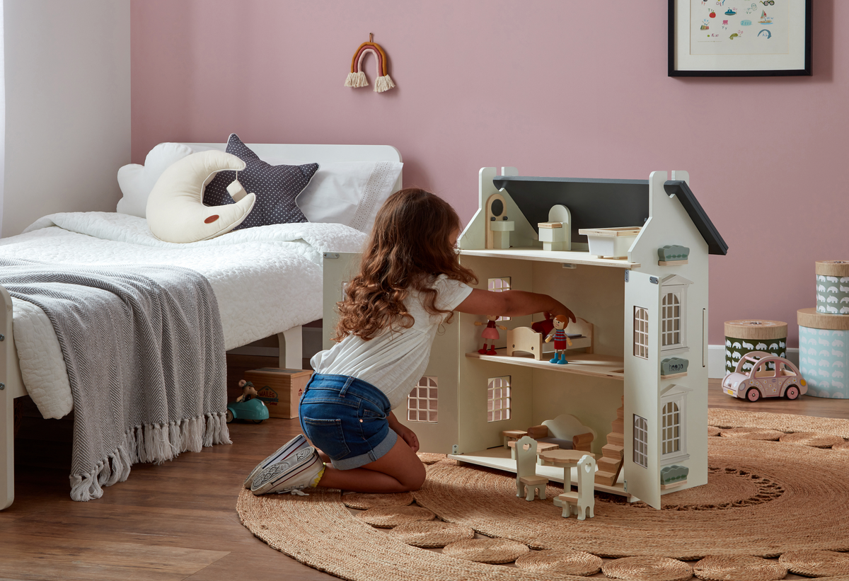 Noble Wooden Dollhouse with 11-Piece Furniture Set