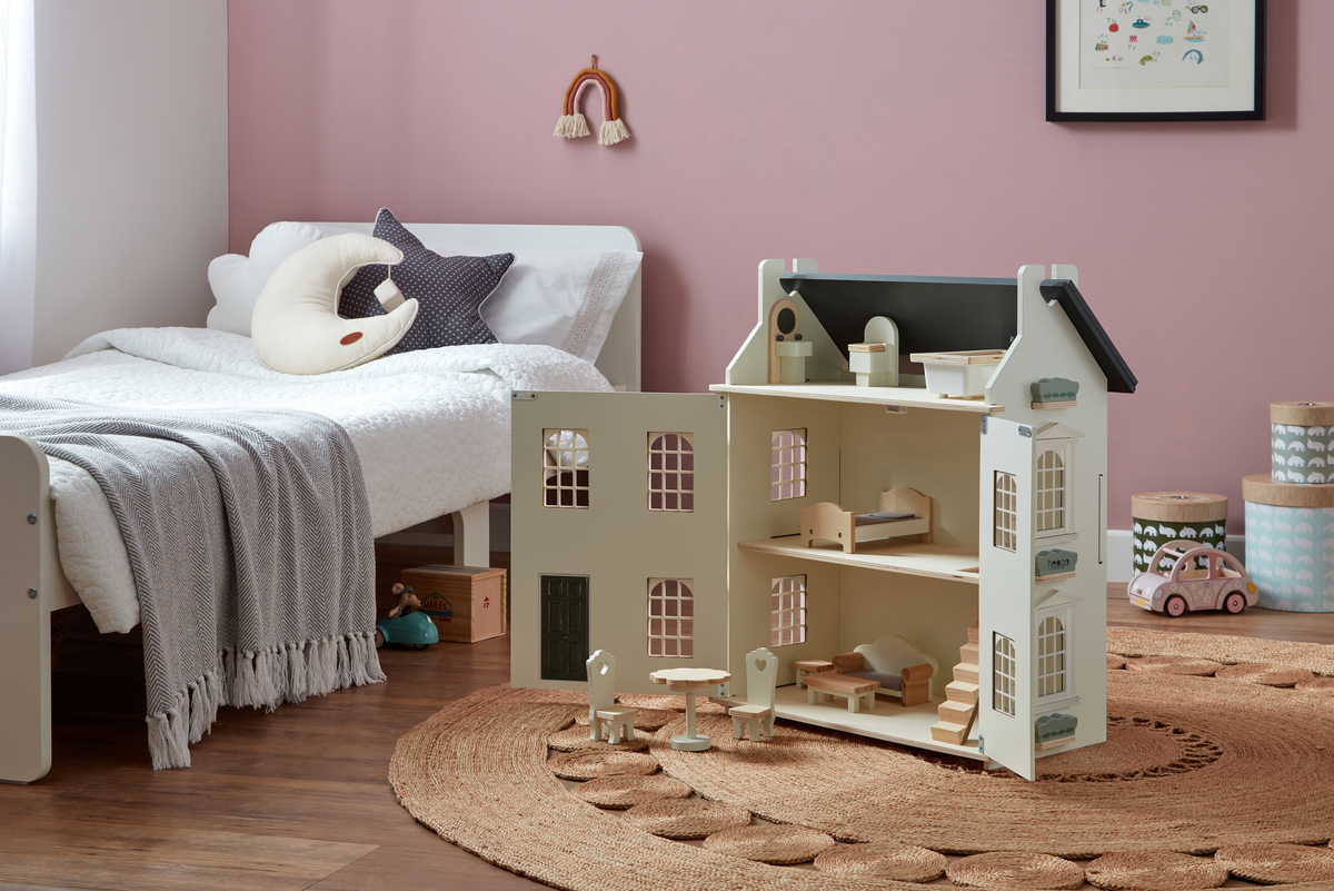 Noble Wooden Dollhouse with 11-Piece Furniture Set