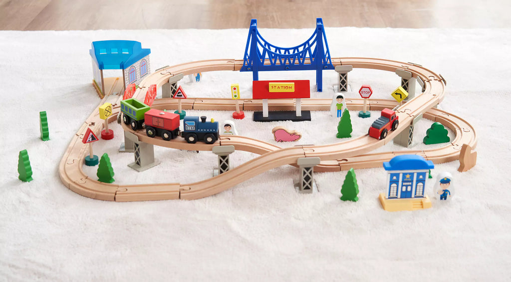 Wooden Train Track Set with Play Table & Storage - 80 Pieces