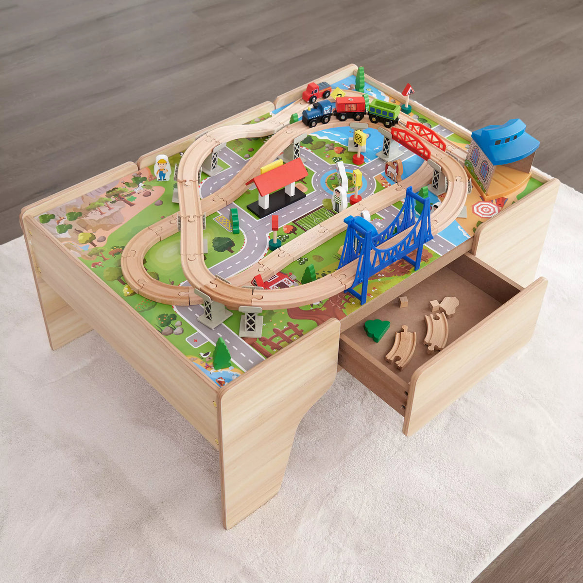 Wooden Train Track Set with Play Table & Storage - 80 Pieces
